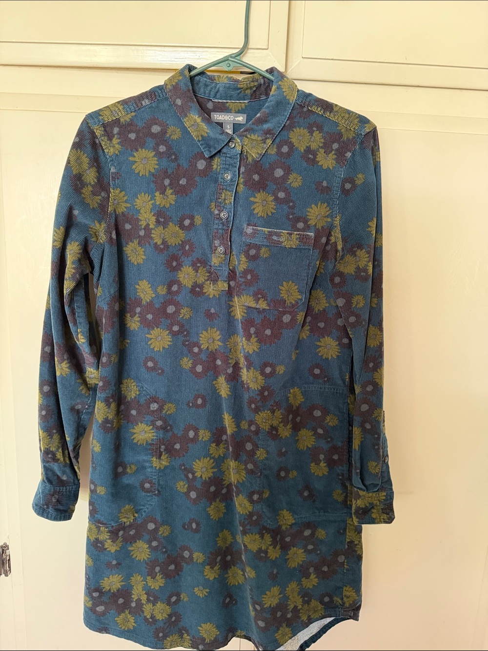 Toad&Co Scooter Teal Blue and Mustard Floral shirt Midi Dress